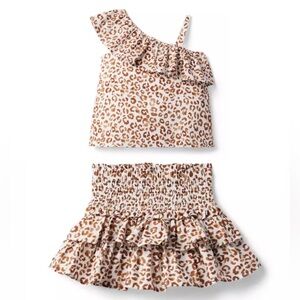 Janie and Jack Argan Oil Leopard Ruffle One Shoulder Top & Hailey Smocked Skirt